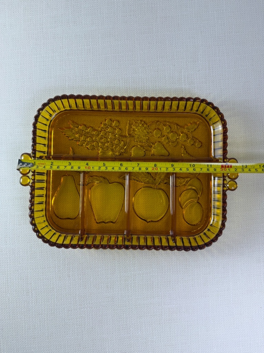 Indiana Glass "Fruits" Pattern Amber Relish Tray — 5-Section Divided Dish - Picture 5 of 9